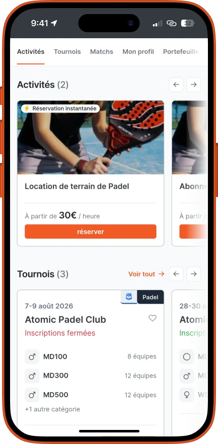 Liste des tournois organisés par Atomic Padel Club sur SportFinder, à Tamines (MD100, MD300, MD500).