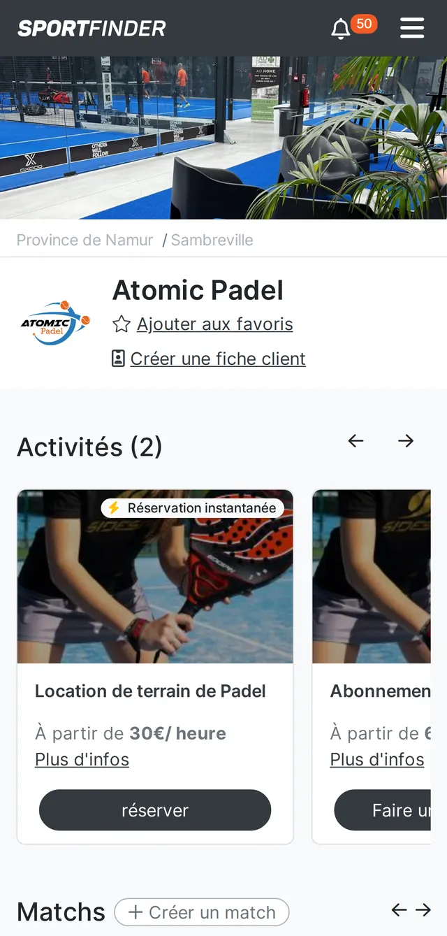 Fiche du club Atomic Padel sur SportFinder, à Sambreville (Tamines), avec réservation instantanée de terrain.