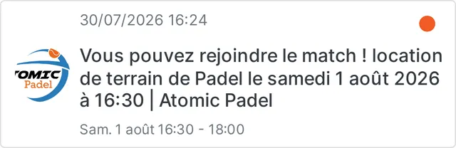 Notification de confirmation envoyée au joueur accepté dans le match, avec le logo Atomic Padel.