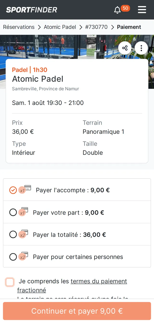 Options de paiement partagé d'une réservation de terrain chez Atomic Padel : acompte, part individuelle ou totalité.
