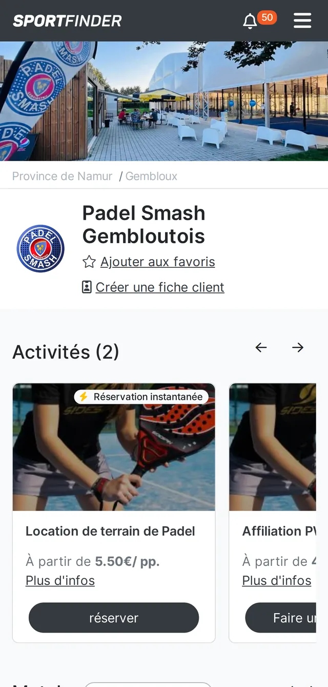 Fiche du Padel Smash Gembloutois dans l'application SportFinder : photo du club, logo et location de terrain de padel