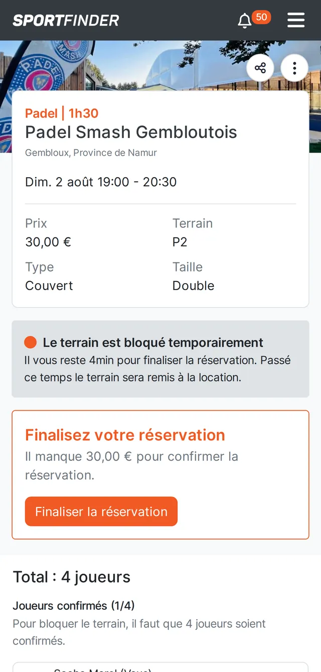 Écran de réservation d'un terrain de padel couvert (P2) chez Padel Smash Gembloutois