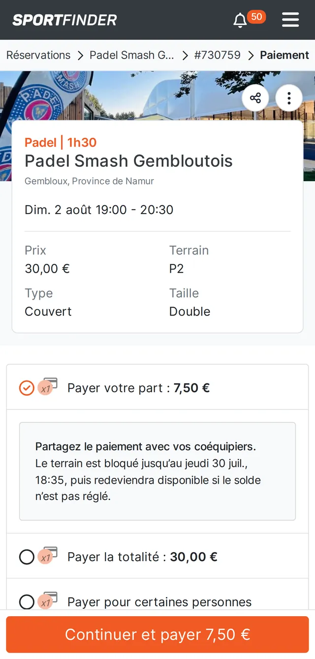 Écran de paiement fractionné : le joueur ne règle que sa part, 7,50 € sur 30 €