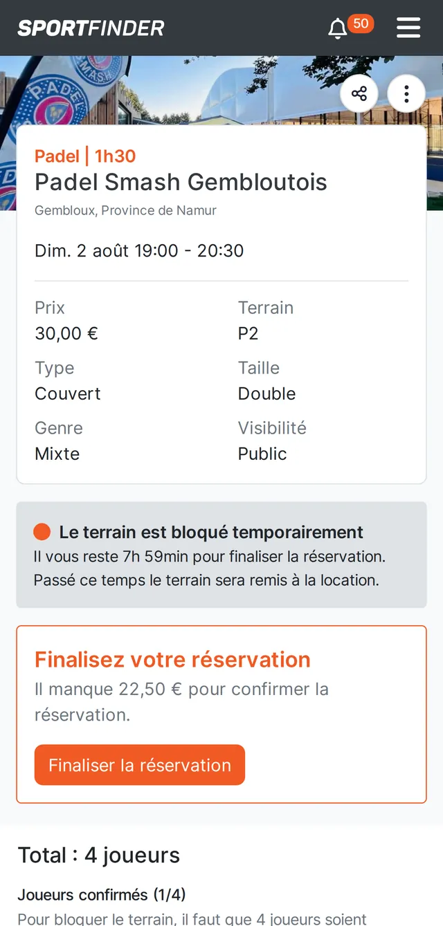 Récapitulatif d'un match publié en public et mixte sur l'application SportFinder