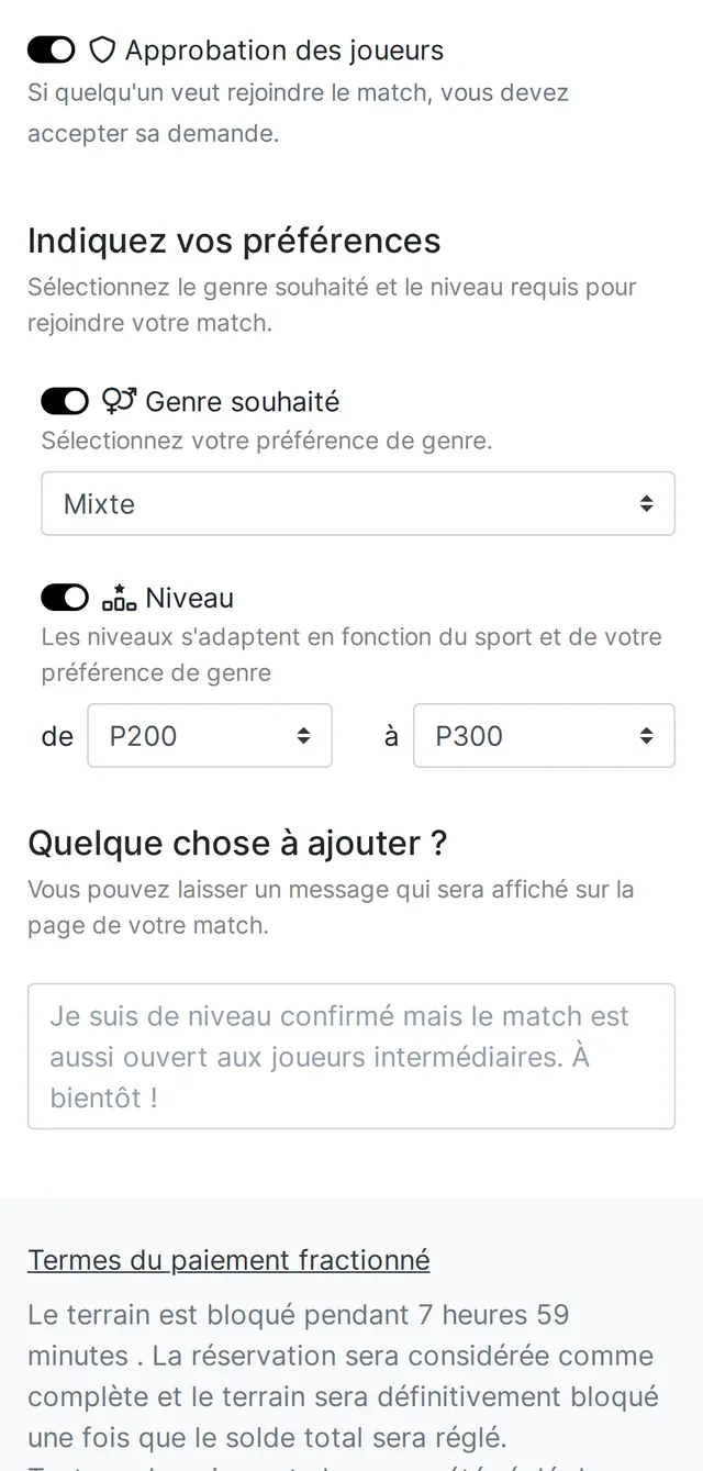Réglages d'un match ouvert : approbation des joueurs et fourchette de niveau P200 à P300