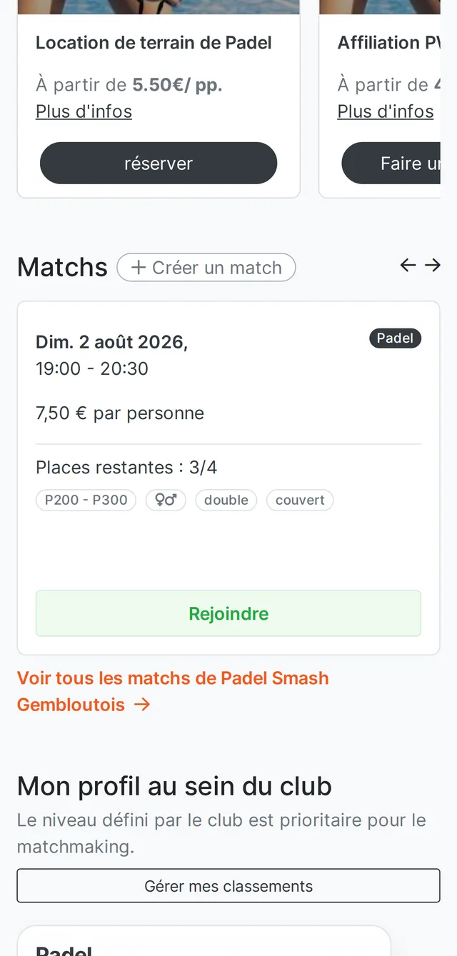 Carte du match visible publiquement sur la fiche du club, avec places restantes et niveau