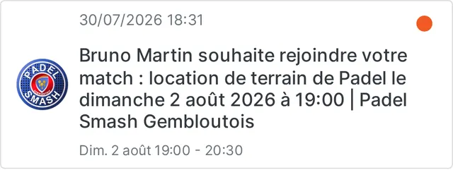 Notification SportFinder : un joueur demande à rejoindre un match chez Padel Smash Gembloutois