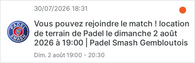 Notification SportFinder confirmant à un joueur qu’il peut rejoindre le match