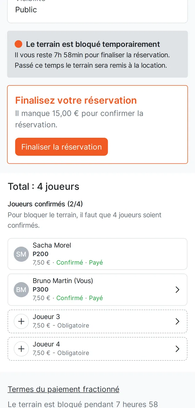 Suivi des joueurs confirmés et payés sur une réservation de padel (2 sur 4)