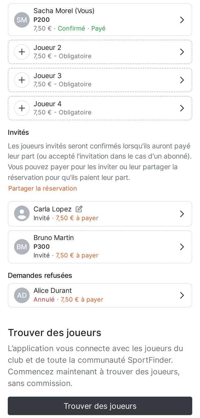 Gestion de la liste des joueurs : invités, demandes refusées et recherche de partenaires