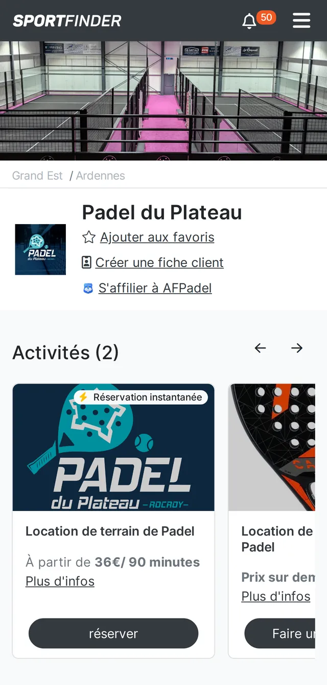 Fiche du club Padel du Plateau sur l'annuaire SportFinder : ses terrains, ses activités et la réservation en ligne