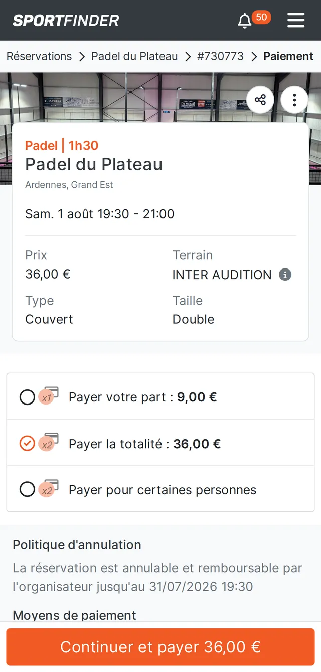 Choix du paiement fractionné : payer sa part, la totalité ou pour certains joueurs