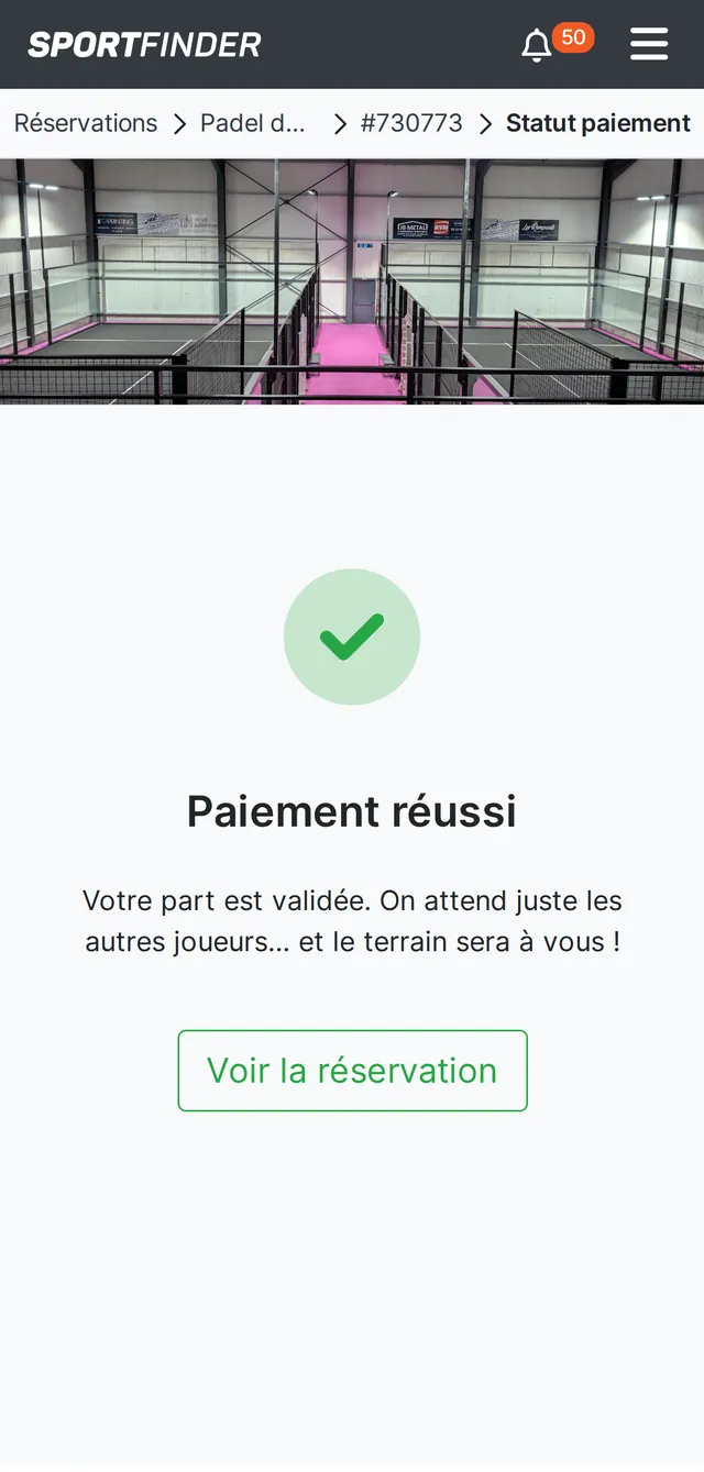 Confirmation de paiement : la part est validée, on attend les autres joueurs