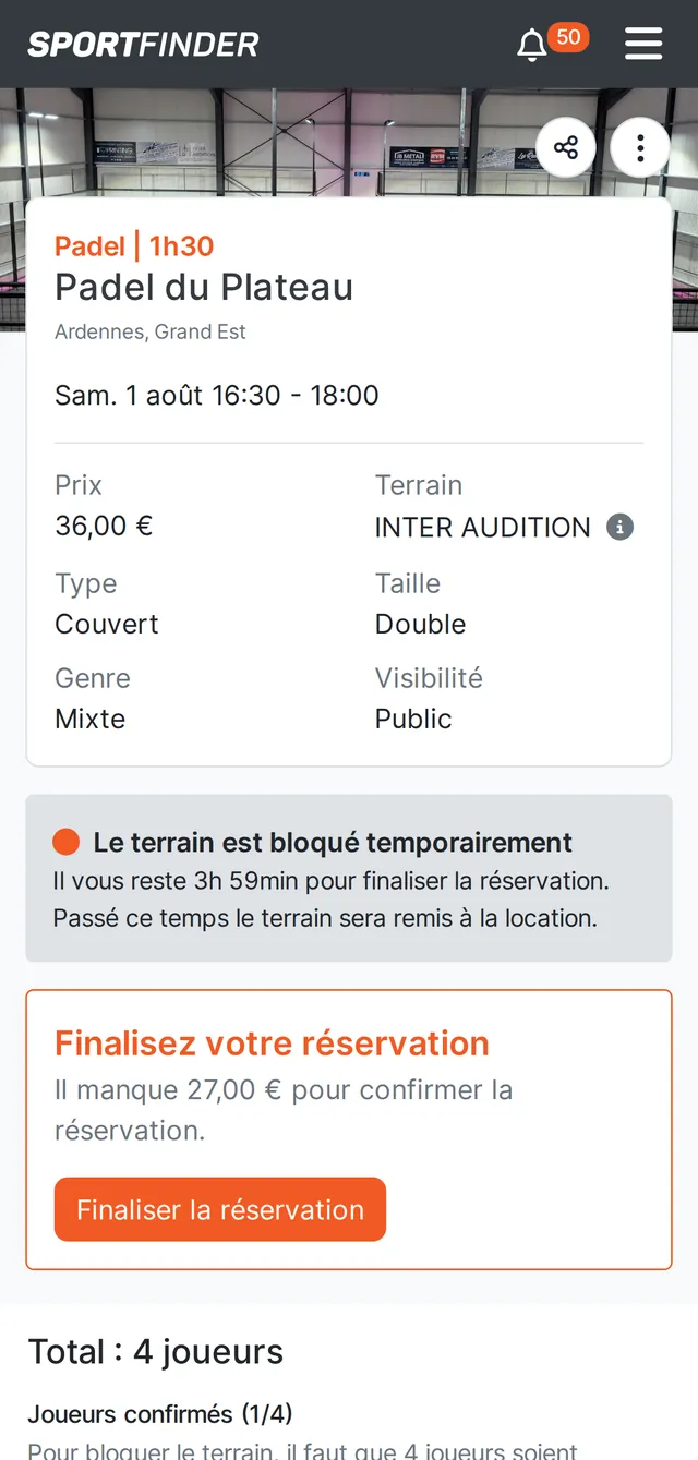 Réservation rendue publique : le match est ouvert à d'autres joueurs de niveau compatible