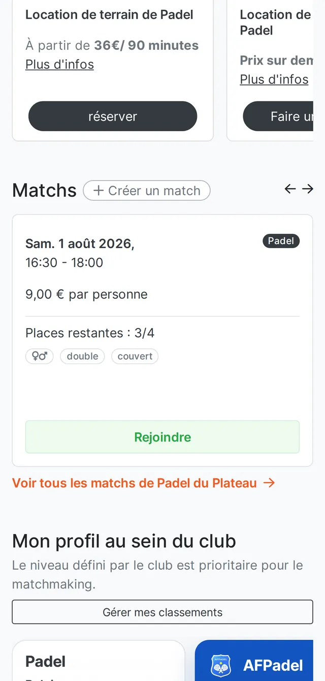 Carte d'un match public à rejoindre chez Padel du Plateau, avec places restantes et tarif par joueur