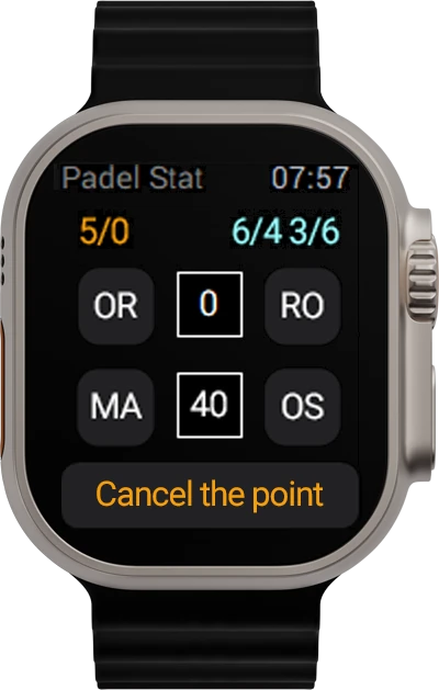 Apple Watch affichant l'application Padel Stat : le score du match et les touches pour encoder le point qui vient d'être joué