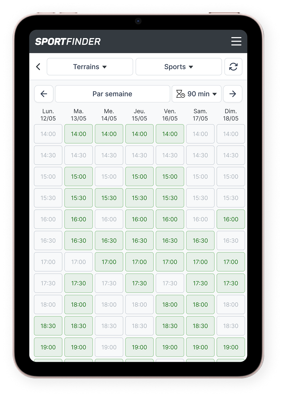 Le calendrier de réservation SportFinder, vue par semaine sur un iPad
