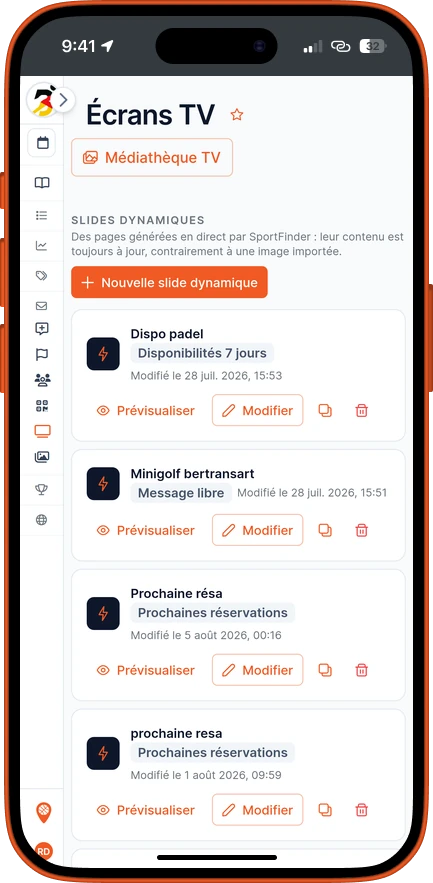 Le back-office SportFinder sur un téléphone : la liste des slides dynamiques du club