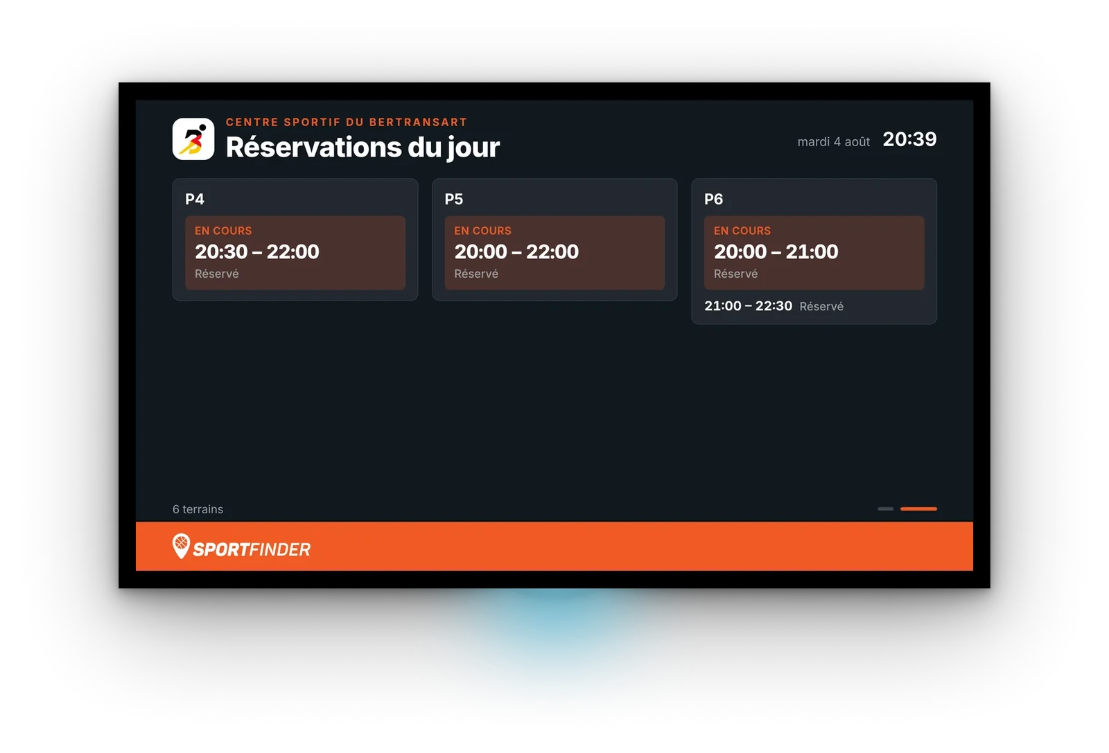 Écran des réservations du jour d'un club, terrain par terrain