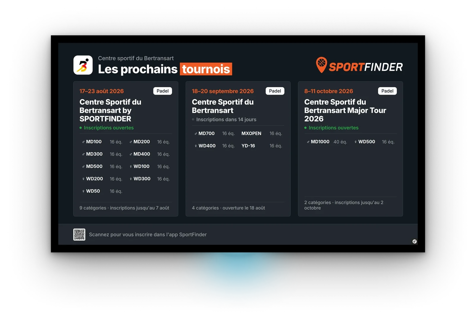 Écran des prochains tournois du club, avec leurs catégories