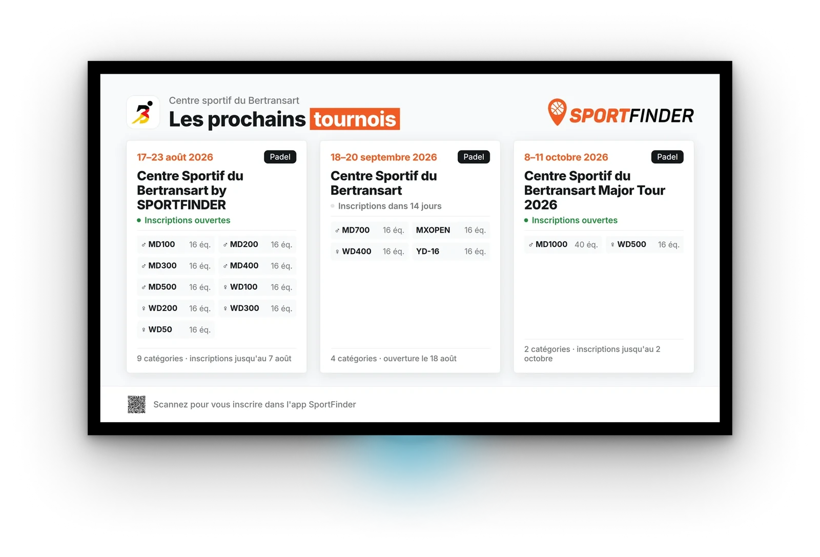 La slide des prochains tournois dans le thème SportFinder clair