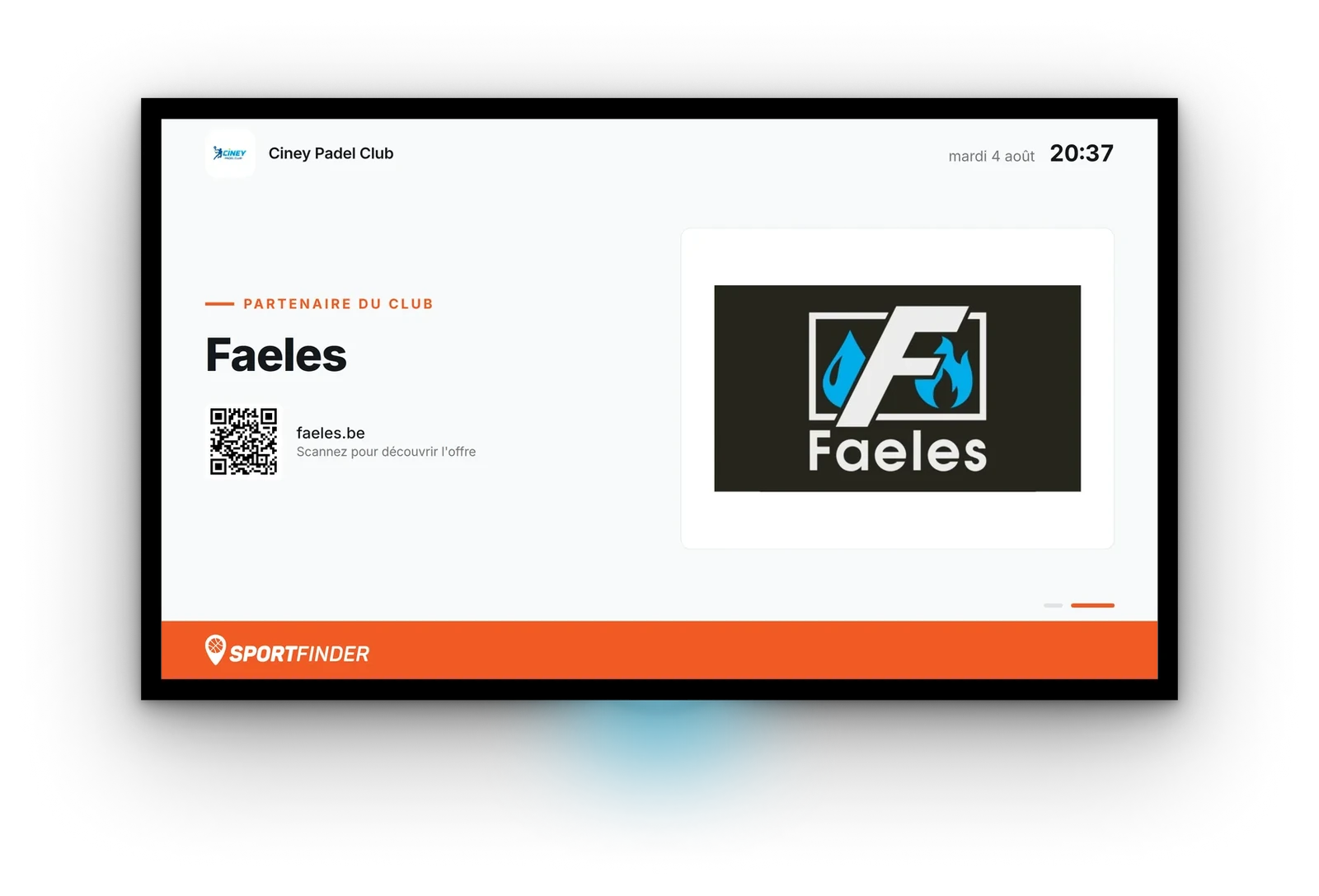 Écran d'un partenaire du club mis en avant sur toute la page, avec son QR code