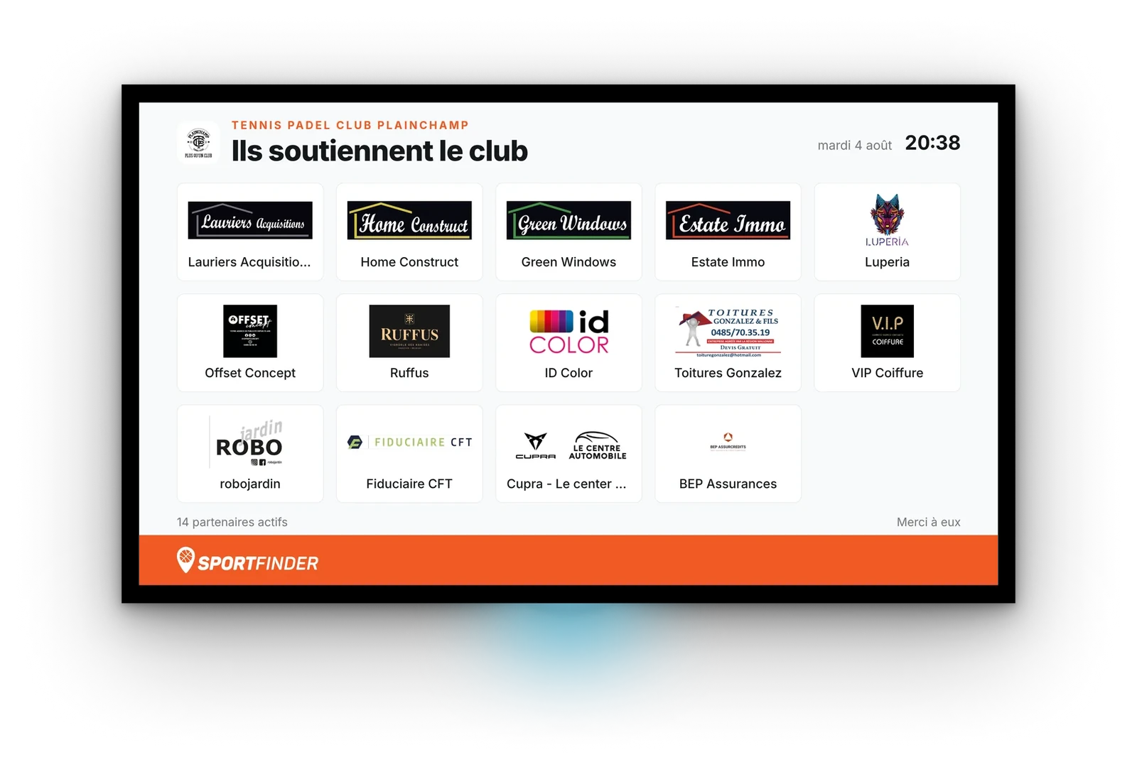 Écran du mur des partenaires d'un club, quatorze logos rangés en grille