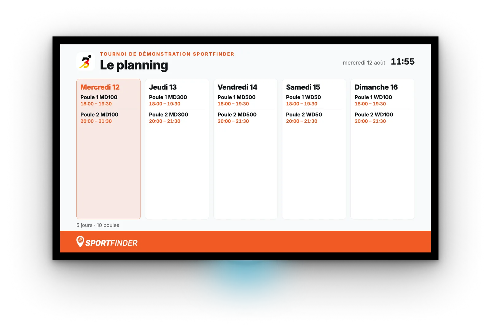 Écran du planning de la semaine : une colonne par soirée, avec les poules et leurs plages horaires