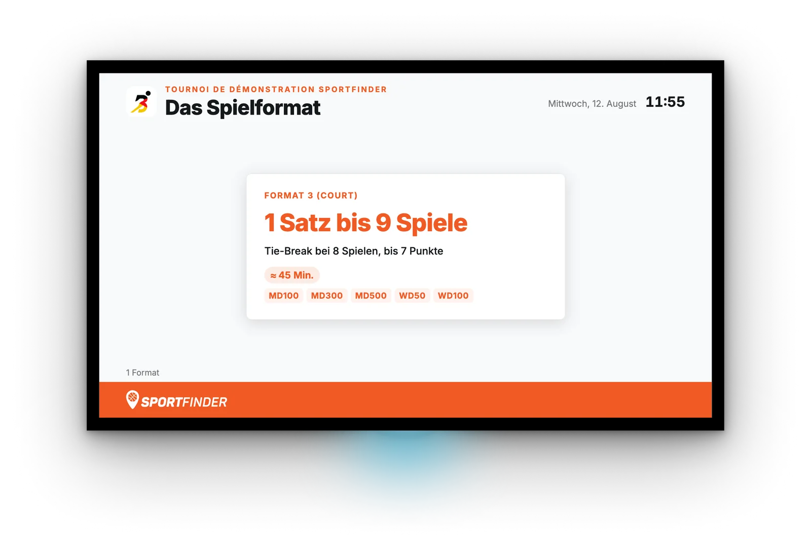 Bildschirm mit dem Spielformat: „1 Satz bis 9 Spiele“, Tiebreak, typische Dauer und betroffene Kategorien