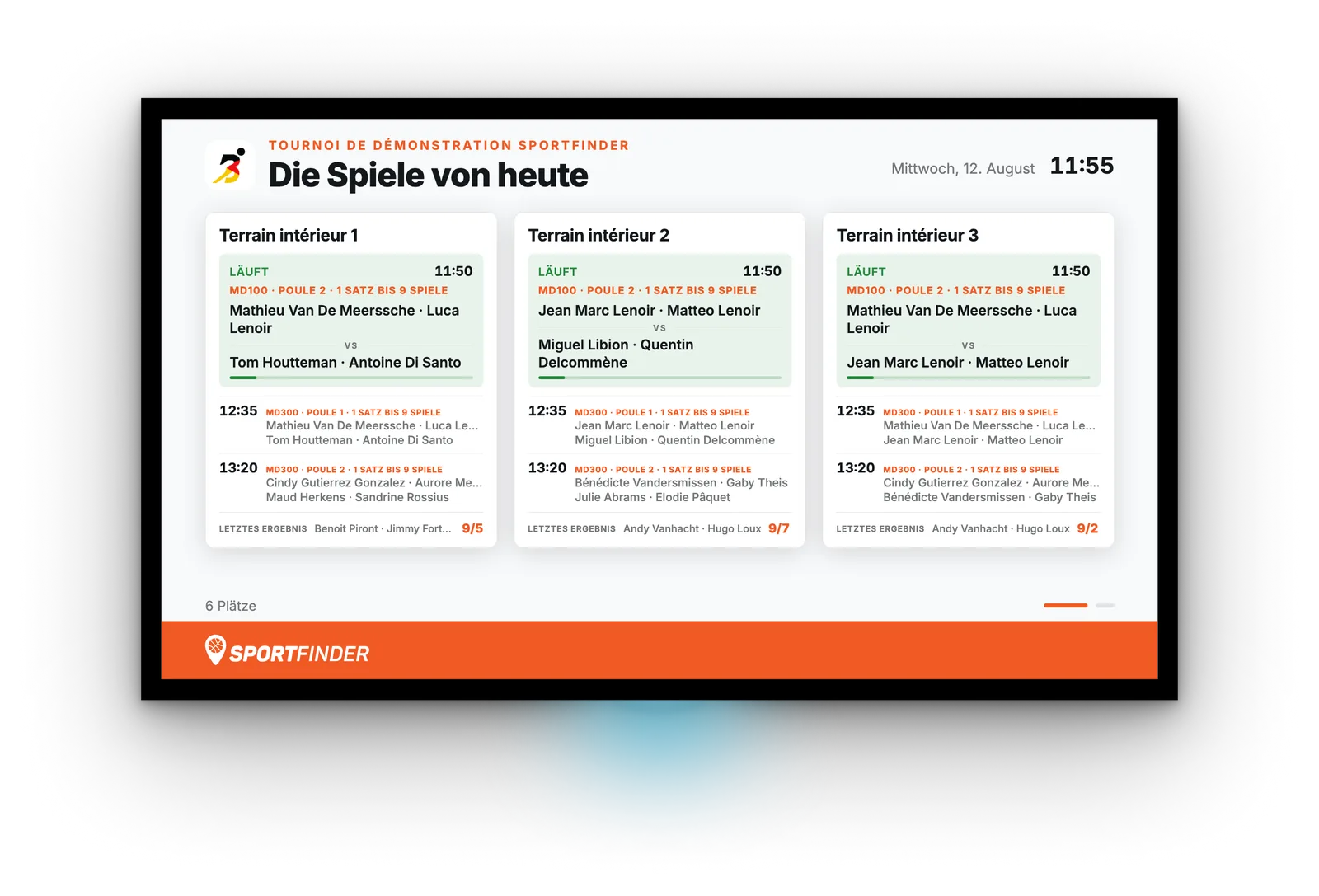 Bildschirm mit den Spielen des Tages: eine Karte pro Platz mit dem laufenden Spiel, den nächsten und dem letzten Ergebnis