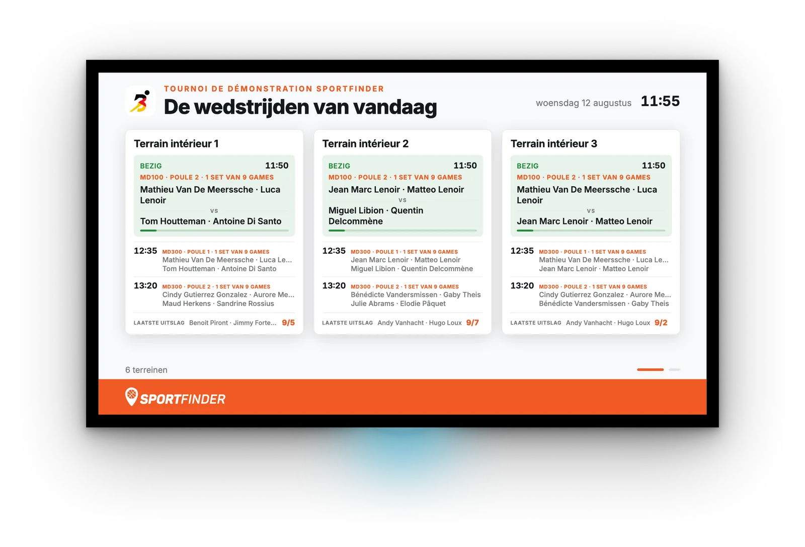 Scherm met de wedstrijden van vandaag: een kaart per terrein met de lopende wedstrijd, de volgende en de laatste uitslag