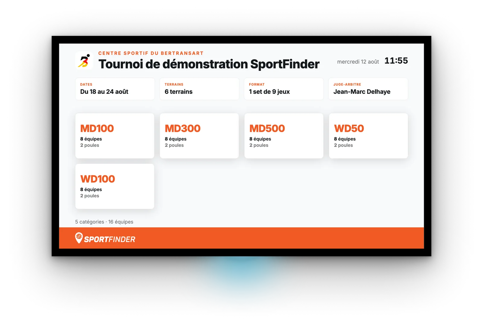 Écran de présentation d'un tournoi : dates, terrains, format, juge-arbitre et une tuile par catégorie