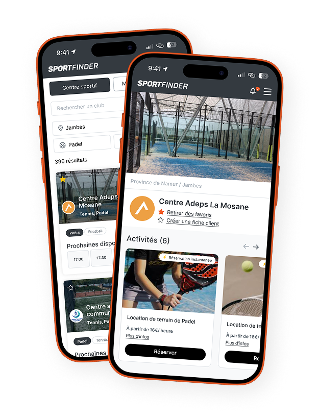 La fiche du Centre Adeps La Mosane dans l'annuaire SportFinder, sur deux iPhones
