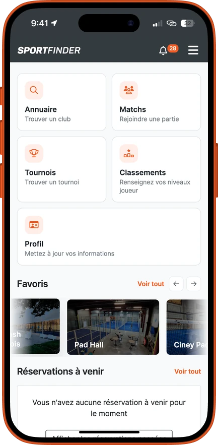 L’accueil de l’application SportFinder : annuaire, matchs, tournois, classements, profil, puis les clubs favoris et les réservations à venir