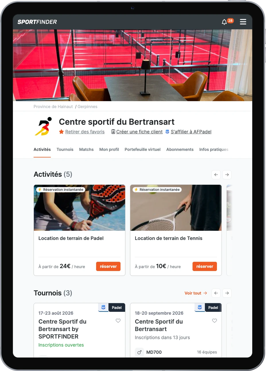 La page d’un club dans l’application SportFinder sur tablette : activités, tournois, matchs, profil, portefeuille virtuel, abonnements et infos pratiques