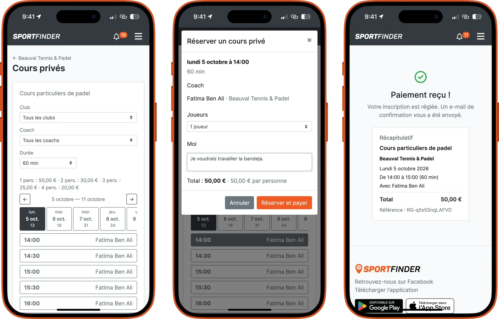 Trois écrans de téléphone : les heures libres d'une semaine avec le nom du coach, le panneau de réservation (coach, durée, nombre de joueurs, prix par personne, un mot pour le coach), puis le cours confirmé dans l'espace du joueur