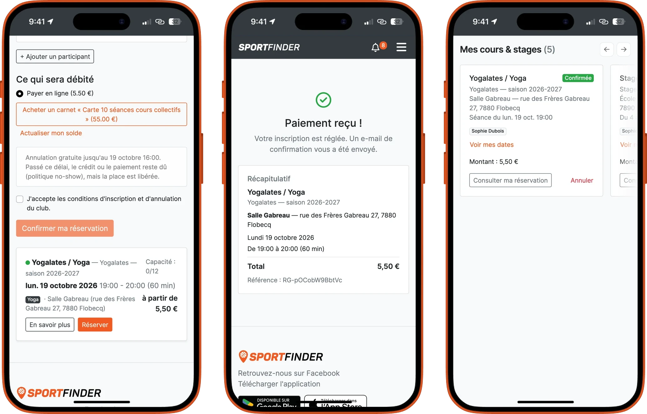Trois écrans de téléphone : la réservation d'une seule séance avec la règle d'annulation et la carte prépayée du club, le paiement, puis la séance confirmée dans l'espace du joueur