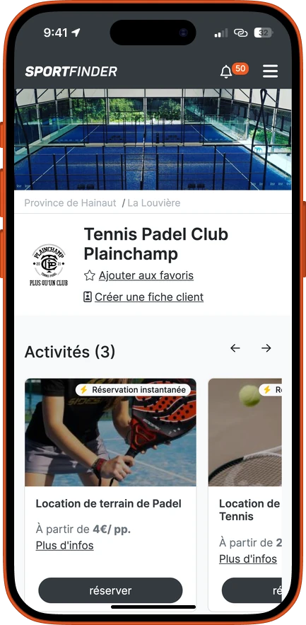 La page dédiée d’un club dans l’application SportFinder, avec ses activités et la réservation instantanée
