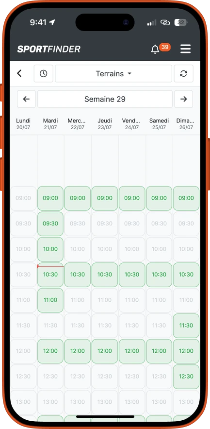 Le calendrier des créneaux disponibles d’un club dans l’application SportFinder