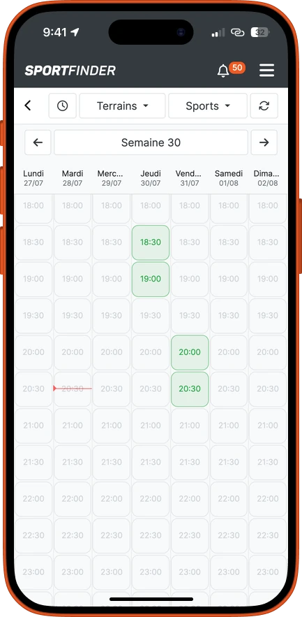 Le calendrier des créneaux disponibles d’un club dans l’application SportFinder