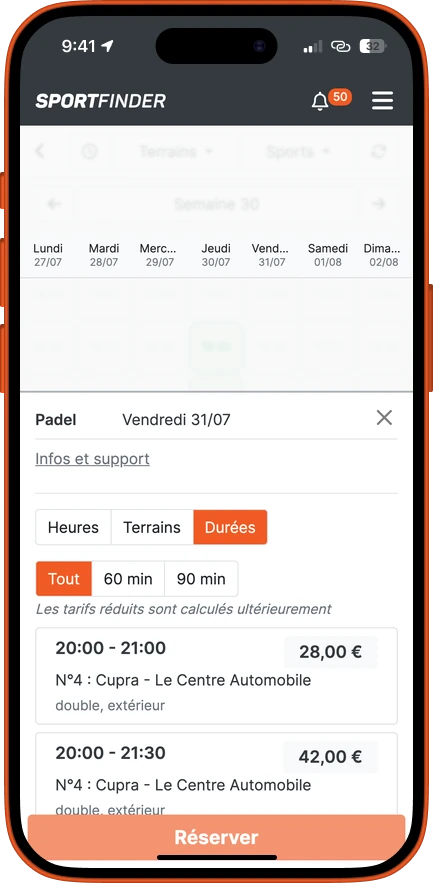 Le choix de la durée d'un créneau padel, avec le prix affiché pour chaque option