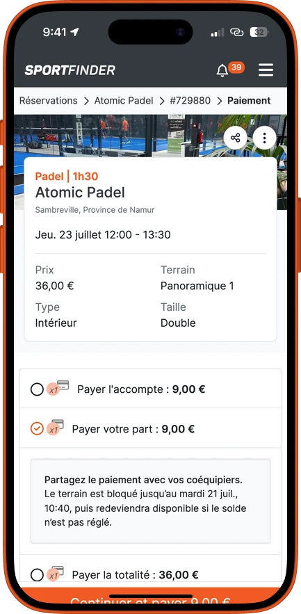 Écran de l'app : l'option « payer ma part » sélectionnée, avec le montant dû par le joueur.