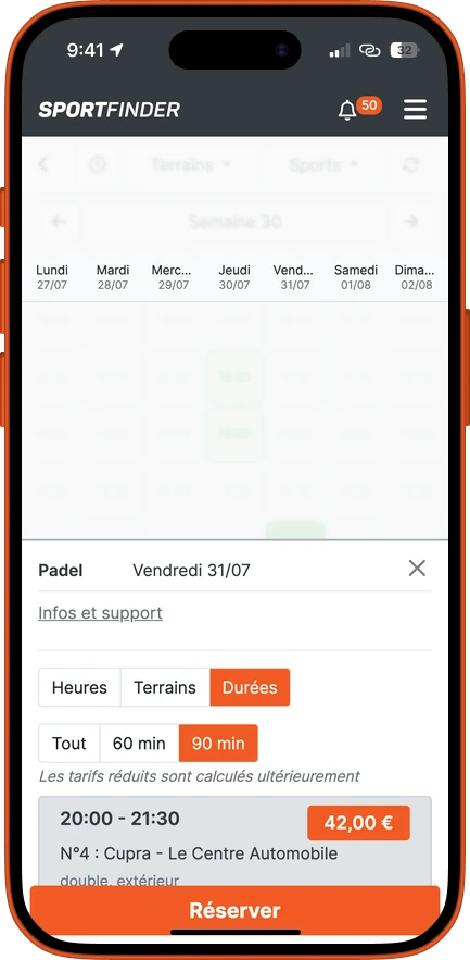 Un créneau padel sélectionné dans l'application, prêt à être réservé