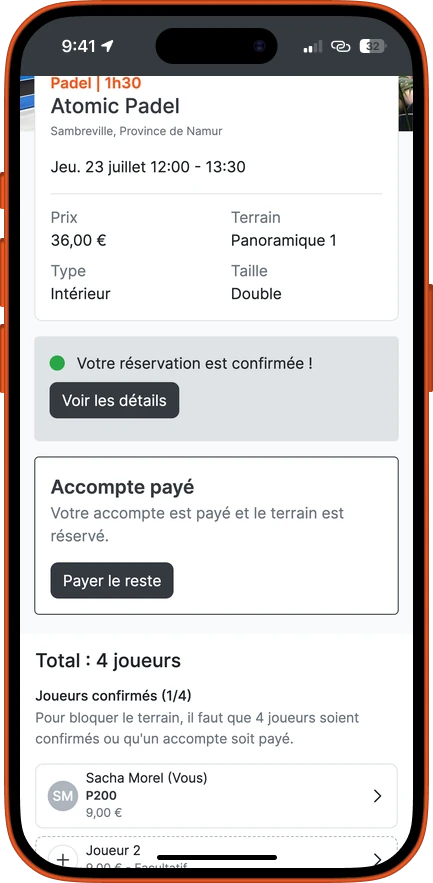 Une réservation confirmée dans l’application SportFinder, avec la part de chaque joueur
