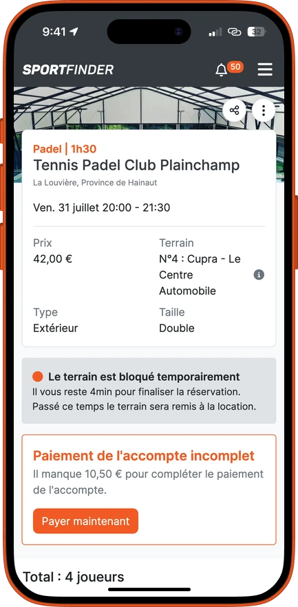 Le récapitulatif d'une réservation padel : club, terrain, date et prix
