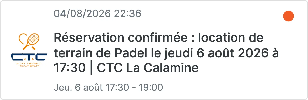 Notification : réservation d'un terrain de padel confirmée