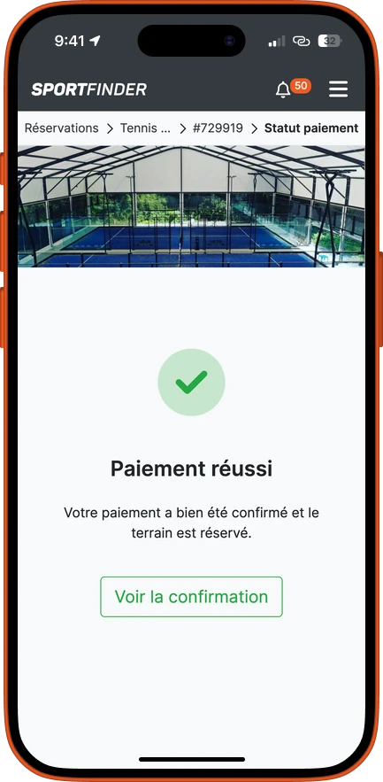 Un paiement réussi : le terrain est réservé
