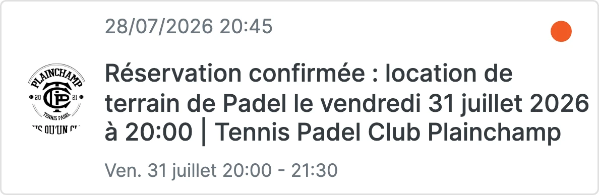 Notification : réservation d'un terrain de padel confirmée