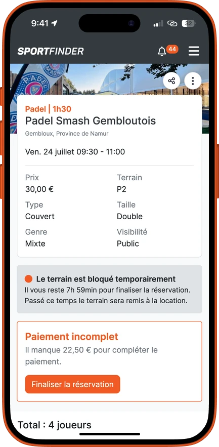 Écran de l’app : le match public vient d’être publié, le terrain est bloqué temporairement en attendant le paiement.