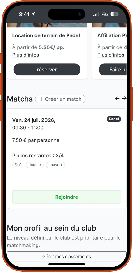 Écran de l’app : la carte du match dans l’annuaire — 3 places restantes sur 4, 7,50 € par personne, bouton Rejoindre.